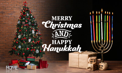 Beautiful greeting card for Happy Hanukkah and Merry Christmas