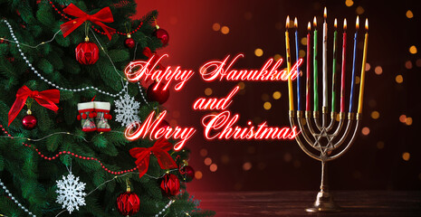 Beautiful greeting card for Happy Hanukkah and Merry Christmas