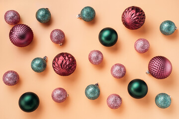 Christmas or New Year baubles background in retro style. Holiday and celebration concept for postcards. Top view