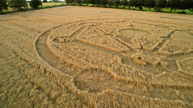 Mysterious Fortnite molecular atom crop circle design sunset wheat field aerial view in Uffcot descending to low shot