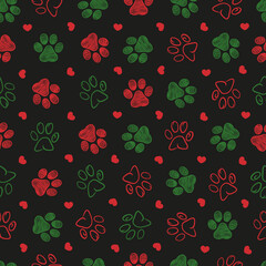 Doodle Christmas and Happy New Year design paw print seamless fabric design black background pattern - 460050632