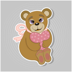 Happy bear with  heart.Cartoon drawing.  Can be used to print books, magazines, stickers,greeting card, magnets, postcards and collages for web design.Valentine's Day. Childrens illustration.