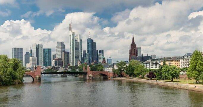 Frankfurt Skyline - Barge Cruising At Main River With High-rise Buildings, Skyscrapers And Frankfurt Cathedral In Background In Germany. - hyperlapse
