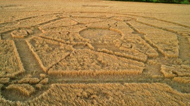 Mysterious Fortnite game atom crop circle pattern sunset farmland wheat field aerial view in Uffcot low reverse rising