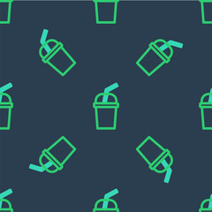 Line Paper glass with drinking straw and water icon isolated seamless pattern on blue background. Soda drink glass. Fresh cold beverage symbol. Vector