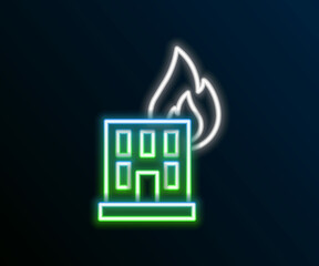 Glowing neon line Fire in burning building on city street icon isolated on black background. Destroyed city on fire. Colorful outline concept. Vector