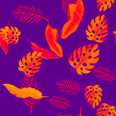 Monstera Pattern Illustration. Violet Seamless Jungle. Nature Texture. Orange Watercolor Jungle. Tropical Decor. Floral Set. Summer Leaf.Isolated Foliage.