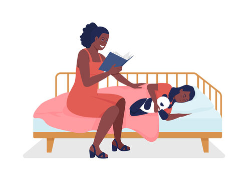 Mom reads for kid semi flat color vector characters. Sitting figures. Full body people on white. Family members isolated modern cartoon style illustration for graphic design and animation - Powered by Adobe