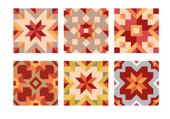 Ceramic tiles floor background set with classic pattern in worm palette. Geometric mosaic seamless pattern, ornament for paquet, patchwork, fabric, textile, wallpaper, wrapping paper