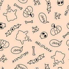 Cute holidays seamless halloween pattern in simple hand drawn childish cartoon doodle style. One line on a pastel background. Ideal for baby textiles, clothing.