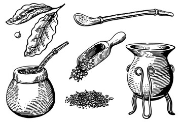 Traditional mate tea set. Vector ink hand drawn sketch style illustration for cafe or restaurant menu, print. Yerba mate ceremony with gourd and bombilla