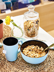 Breakfast with muesli on table