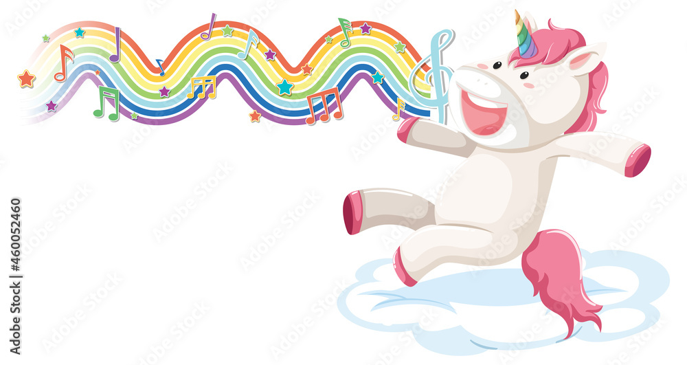 Sticker Unicorn jumping on the cloud with melody symbols on rainbow wave