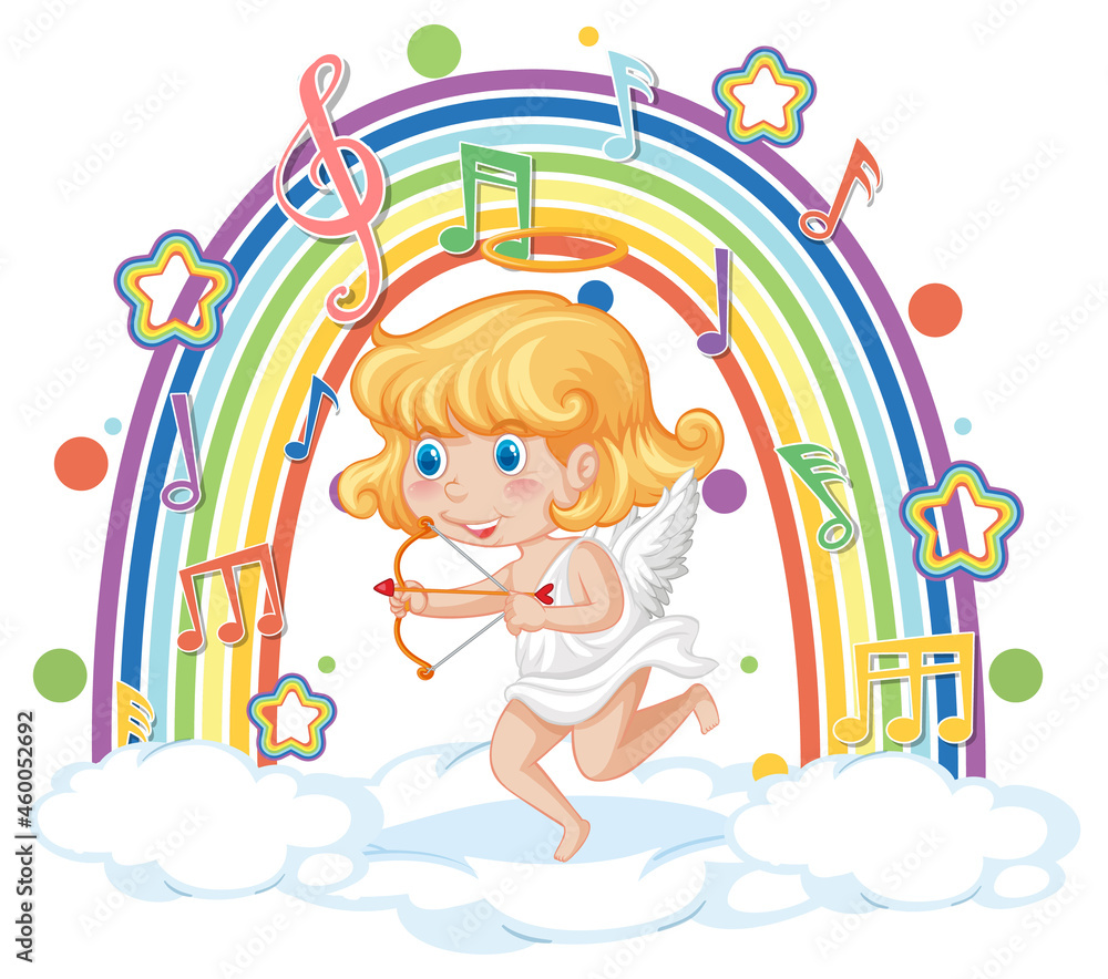 Poster cupid girl on the cloud with melody symbols on rainbow