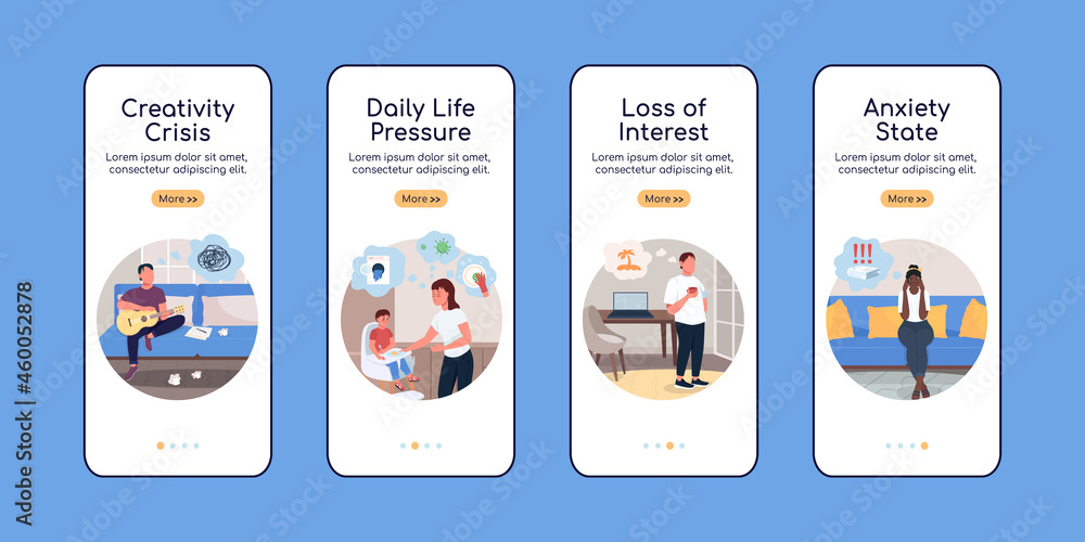Poster burnout causes onboarding mobile app screen flat vector template. tired of work. walkthrough website