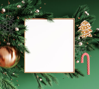 Green fir tree with Christmas decoration and empty white picture frame in the middle 3D Rendering, 3D Illustration