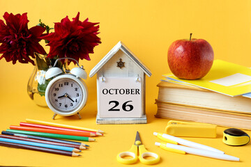Calendar for October 26 : decorative house with the name of the month in English and the number 26,...