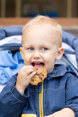 A baby is sitting in a stroller with a cookie in his hand