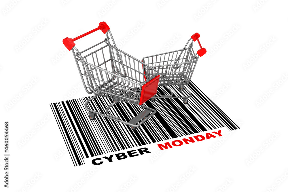 Fototapete Two Empty Shopping Carts over Abstract Bar Code with Cyber Monday Sign. 3d Rendering