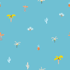 Obraz na płótnie Canvas Tropical jungle seamless pattern. Palm trees and plants in a simple hand-drawn Scandinavian doodle style. Nursery pastel palette for printing baby clothes, textiles fabrics. Vector cartoon background