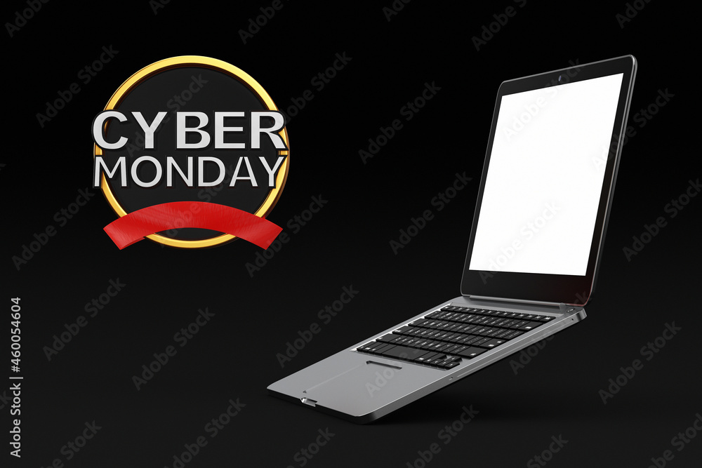 Poster cyber monday sale banner near laptop with blank screen as template for your design. 3d rendering
