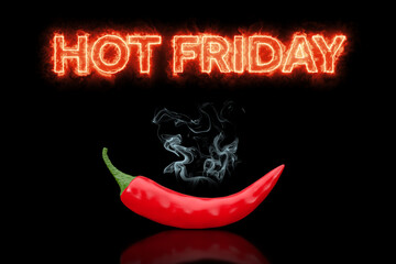 Black Friday Concept. Hot Friday Sign in Fire with Red Chili Pepper. 3d Rendering