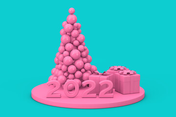 New Year Shopping Concept. Pink Balls in Shape of Christmas Tree, New Year 2022 Sign and Gift Boxes in Duotone Style. 3d Rendering