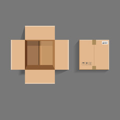 Empty open and closed cardboard box. Top view. Vector illustration.
