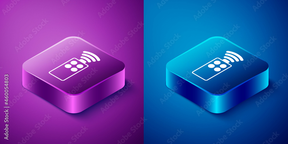 Poster isometric remote control for the camera icon isolated on blue and purple background. an auxiliary de