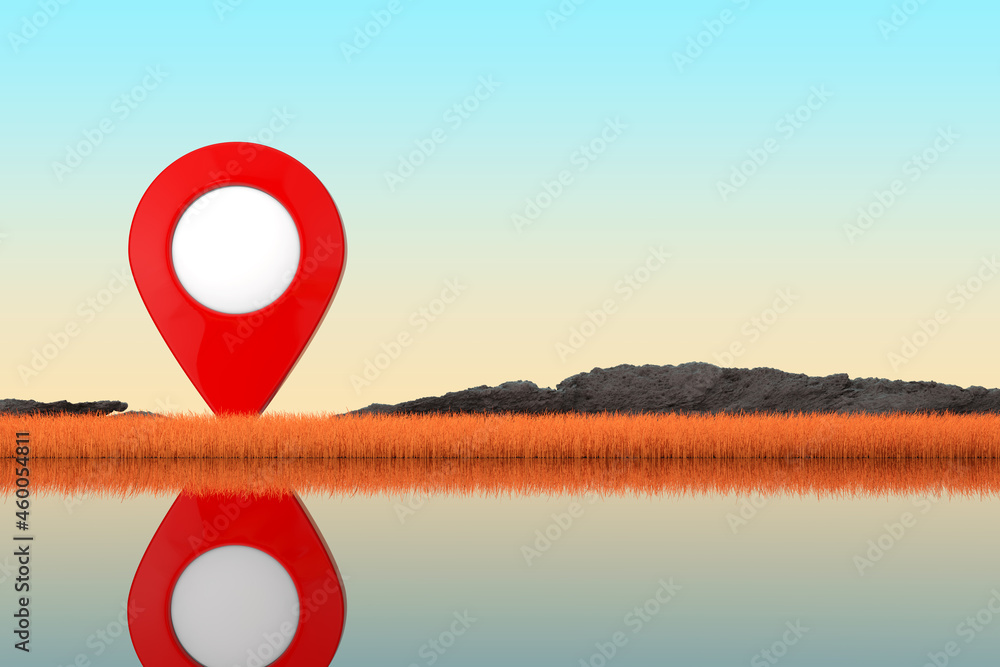 Poster abstract red map pointer pin standing in autumn long grass on a river bank. 3d rendering