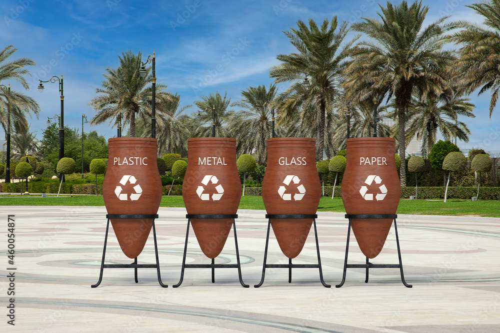Poster Garbage Clay Trash Bin Pots with Recycle Signs in Empty City Street with Palm Trees. 3d Rendering