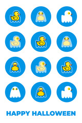Halloween greeting card. Cute Yellow ducks ghosts
