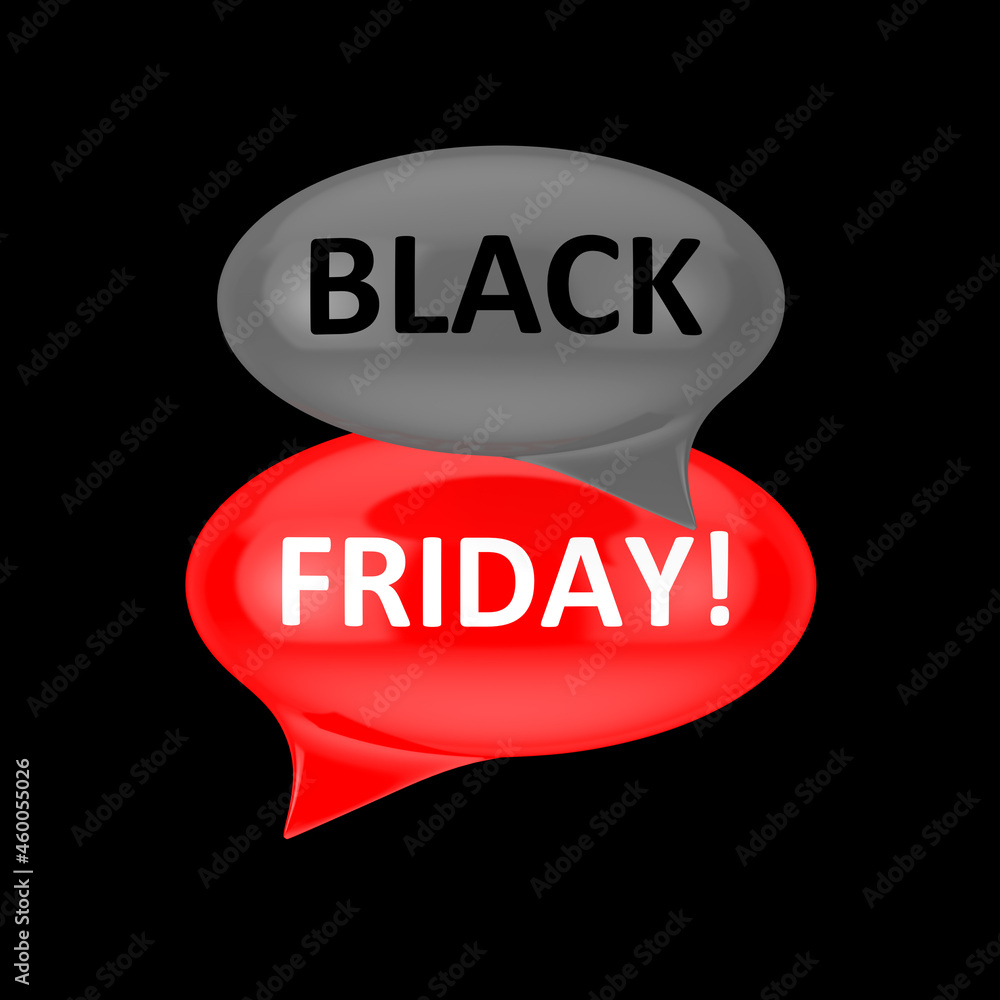 Poster red and gray speech bubbles with black friday sign. 3d rendering