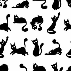 seamless pattern black and white silhouettes of funny cute cats in different poses with big eyes on a white background. decor from textiles for halloween. flat simple cartoon style.