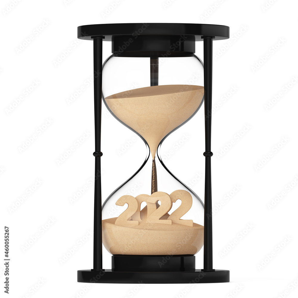 Poster New 2022 Year Concept. Sand Falling in Hourglass Taking the Shape to 2022 year. 3d Rendering