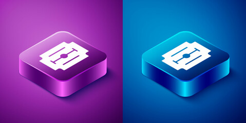 Isometric Blade razor icon isolated on blue and purple background. Square button. Vector
