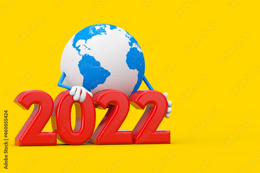 Aufkleber Earth Globe Character Mascot with 2022 New Year Sign. 3d Rendering