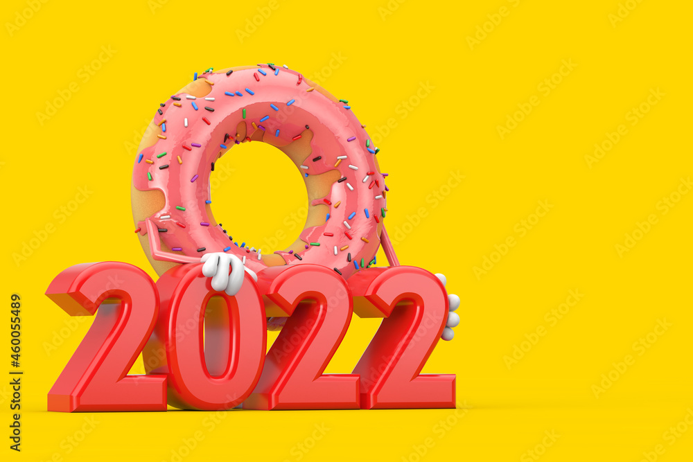 Aufkleber big strawberry pink glazed donut character mascot with red 2022 new year sign. 3d rendering