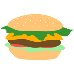 Minimal modern style vector graphic illustration of a hamburger with layers of meat, cheddar cheese, lettuce, tomato and cucumber, in a light brown bun with sesame seeds.