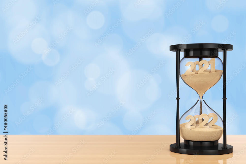 Poster New 2022 Year Concept. Sand Falling in Hourglass Taking the Shape from 2021 to 2022 year. 3d Rendering