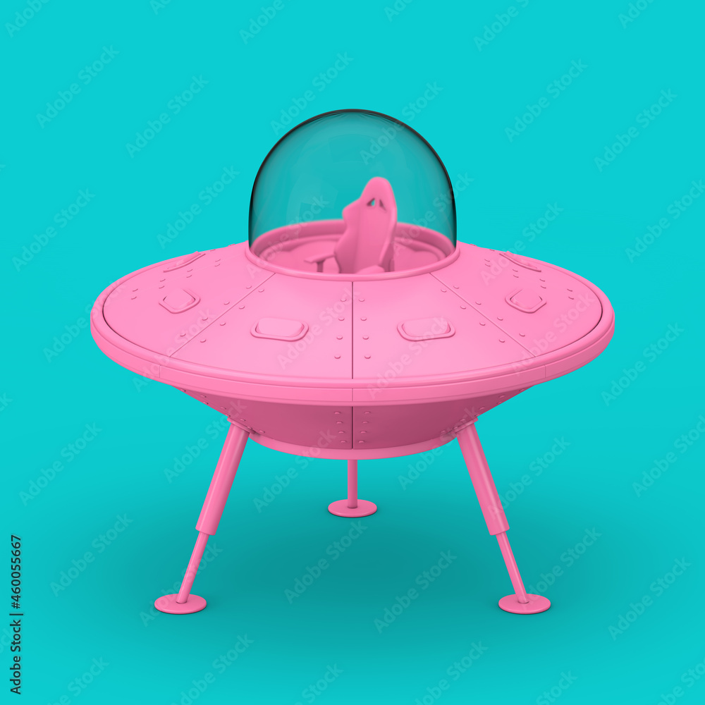 Poster pink cute spaceship cartoon ufo in duotone style. 3d rendering