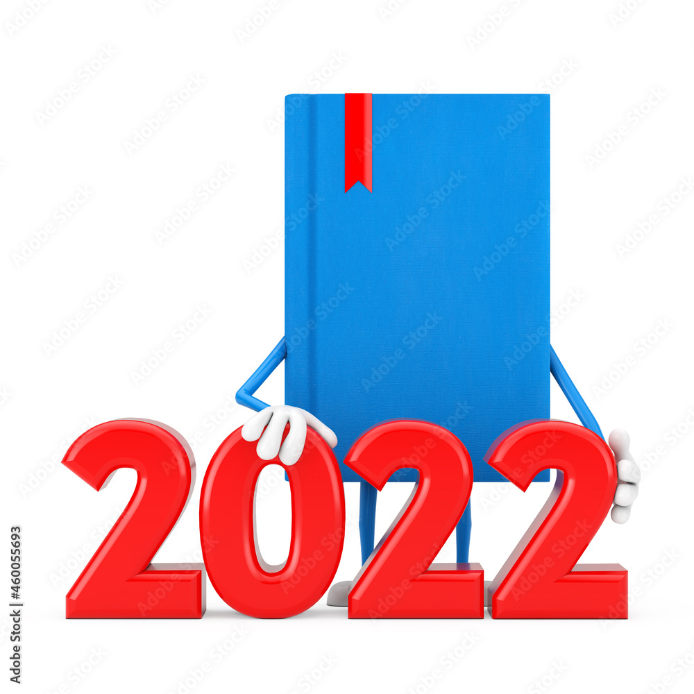 Poster blue book character mascot with 2022 new year sign. 3d rendering