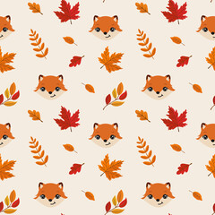 Fototapeta premium Autumn seamless pattern with cute fox and leaves. Baby texture for fabric, wrapping, textile, wallpaper, clothing. Funny little fox.