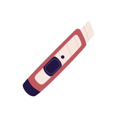 Utility craft knife with handle and retractable sharp metal blade. Office and school tool for cutting paper and cardboard. Flat vector illustration of stationery instrument isolated on white