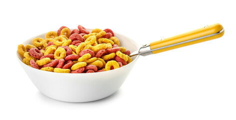 Bowl with delicious corn rings and spoon on white background