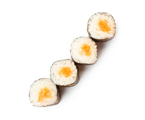 Tasty maki rolls with salmon fish on white background