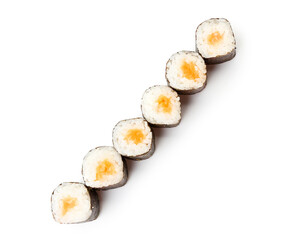 Line of delicious maki rolls with salmon on white background