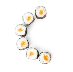 Delicious maki rolls with salmon fish on white background