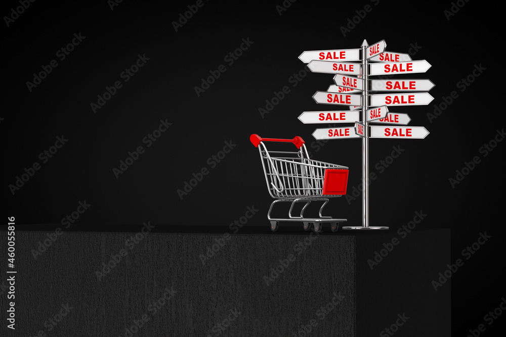Aufkleber shopping cart trolley with sale signpost over black cube. 3d rendering