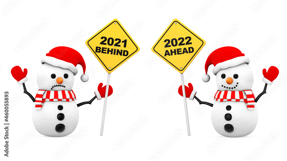 Aufkleber Snowmans with 2021 and 2022 Year Signs. 3d Rendering